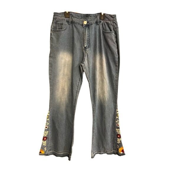 Y2K Embroidered Bell Bottom Wide Leg High Rise Distressed Raw Hem Med Wash XL - Picture 2 of 11